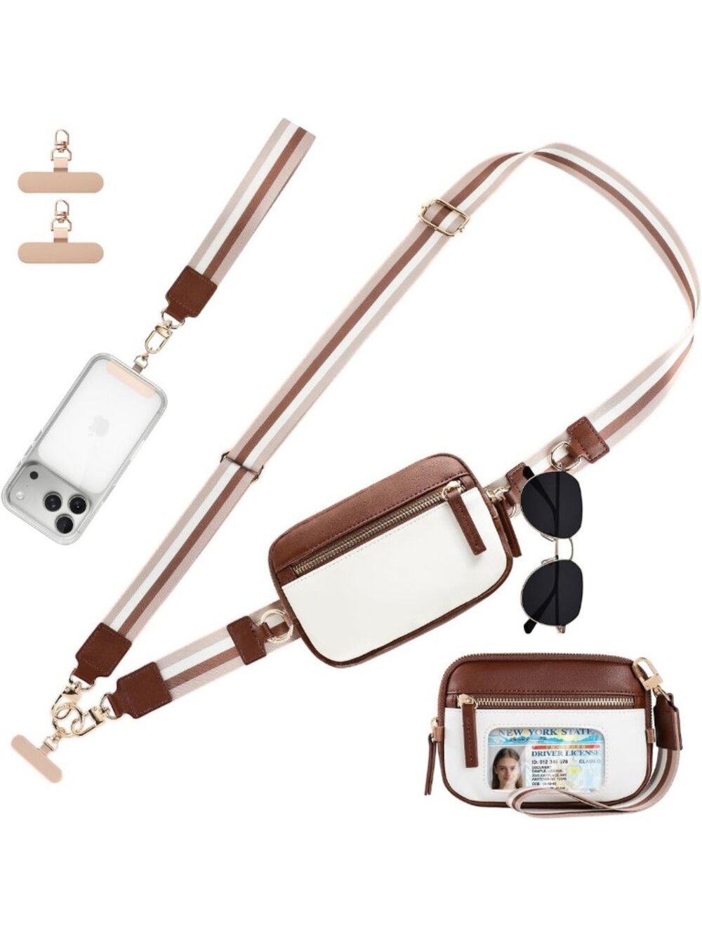 Adjustable Phone Lanyard with Leather Wallet, RFID Wristlet & 2 Straps - Coffee